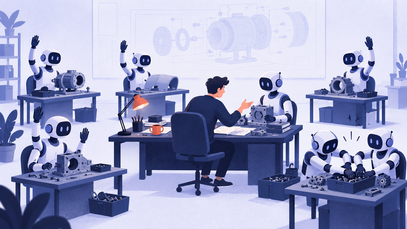 A developer attends to one robot assistant while several others sit frozen with hands raised or tangled over shared parts.