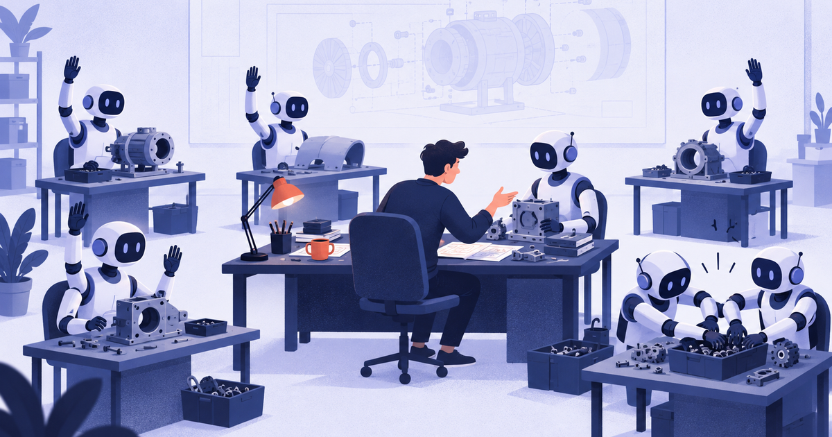 A developer attends to one robot assistant while several others sit frozen with hands raised or tangled over shared parts.