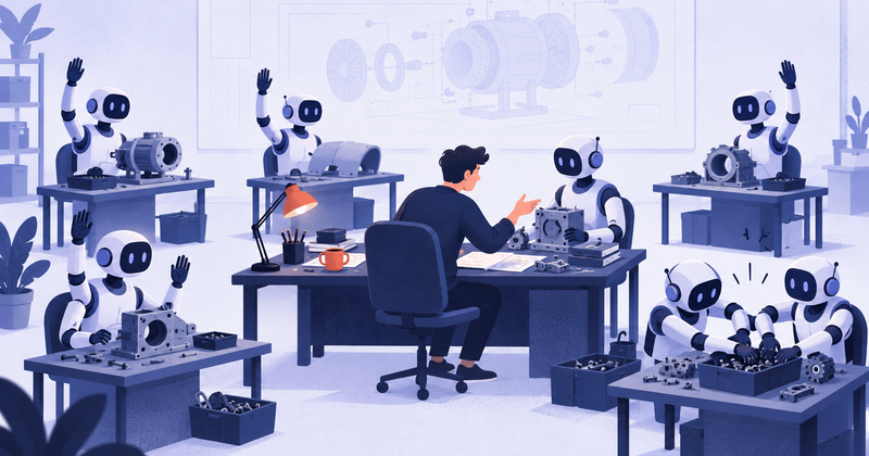 A developer attends to one robot assistant while several others sit frozen with hands raised or tangled over shared parts.