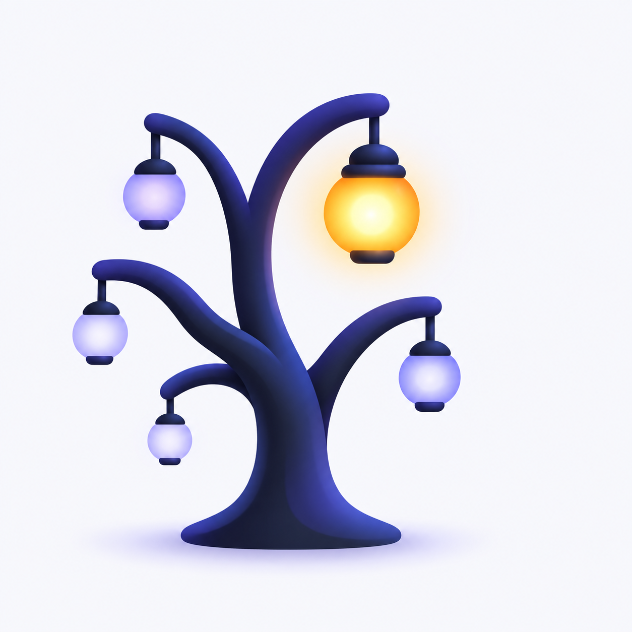A branching tree whose limbs each end in a hanging signal lamp, with one lamp glowing brighter than the rest.