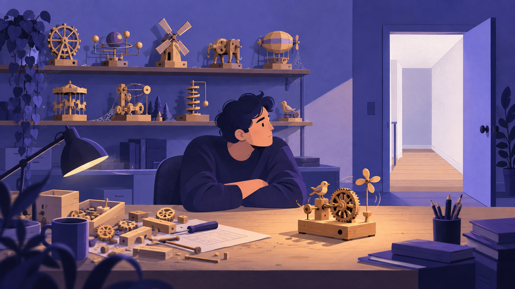 A lone developer at a desk beside a shelf of finished dusty gadgets, facing an open door with nobody coming in.