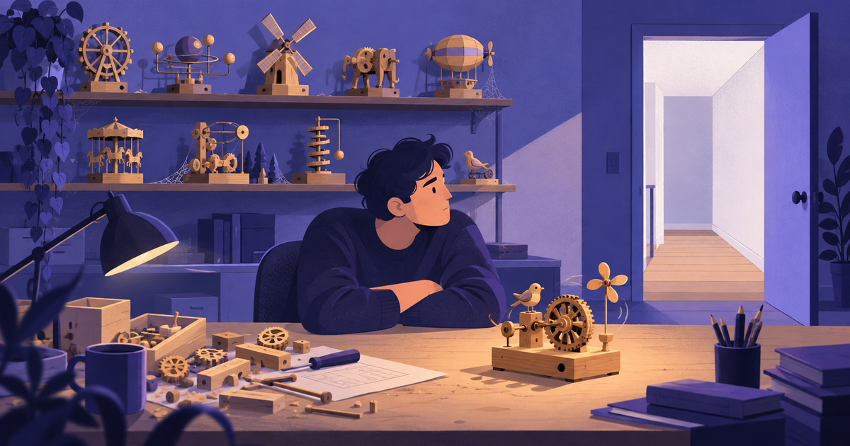 A lone developer at a desk beside a shelf of finished dusty gadgets, facing an open door with nobody coming in.