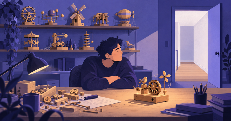 A lone developer at a desk beside a shelf of finished dusty gadgets, facing an open door with nobody coming in.
