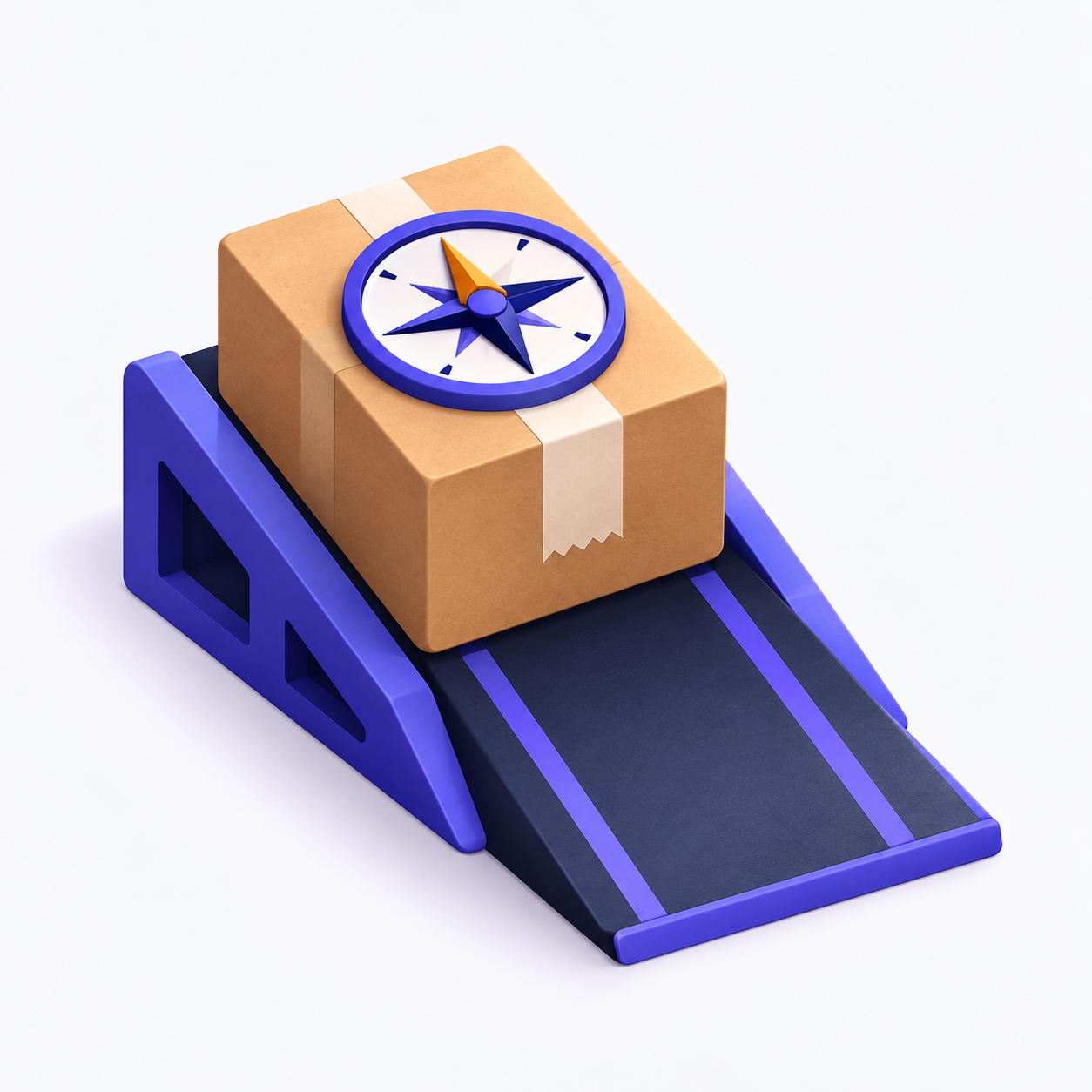 A sealed shipping box with a compass on its lid, sitting on a launch ramp.