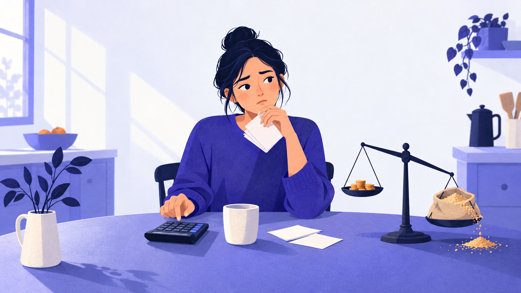 A freelancer at a kitchen table with a calculator, facing a tilted balance scale holding coins against a spilling sack.