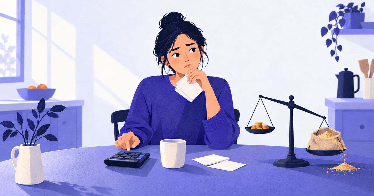 A freelancer at a kitchen table with a calculator, facing a tilted balance scale holding coins against a spilling sack.
