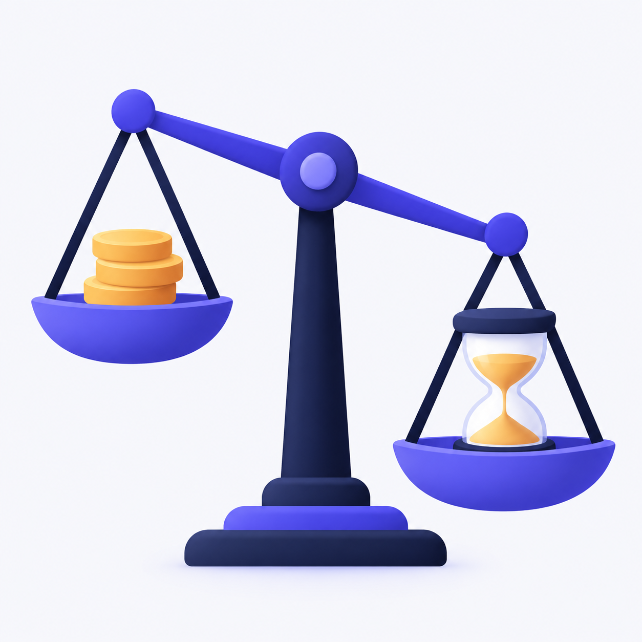 A balance scale weighing a stack of coins against an hourglass, with the hourglass side tipping down.