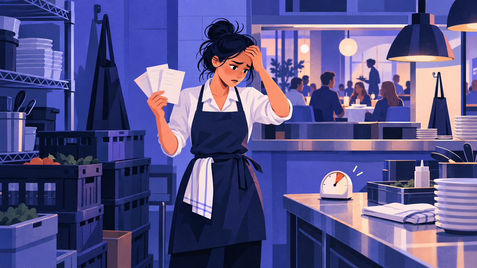 A stressed restaurant manager in a back kitchen holding staff notes while an empty station and full dining room wait.