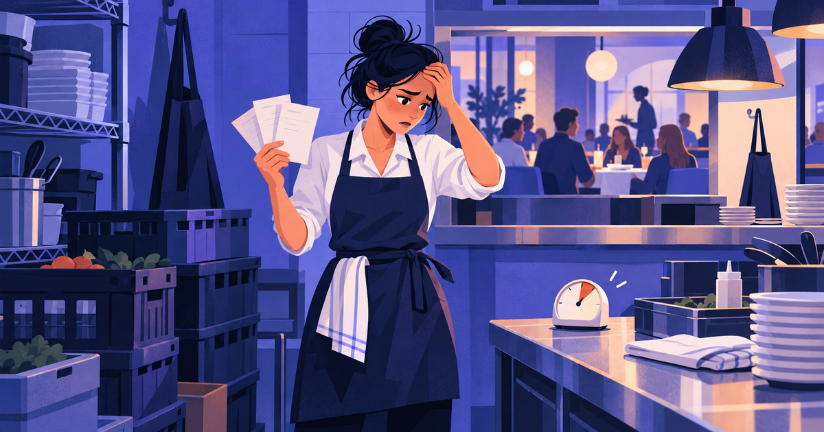 A stressed restaurant manager in a back kitchen holding staff notes while an empty station and full dining room wait.