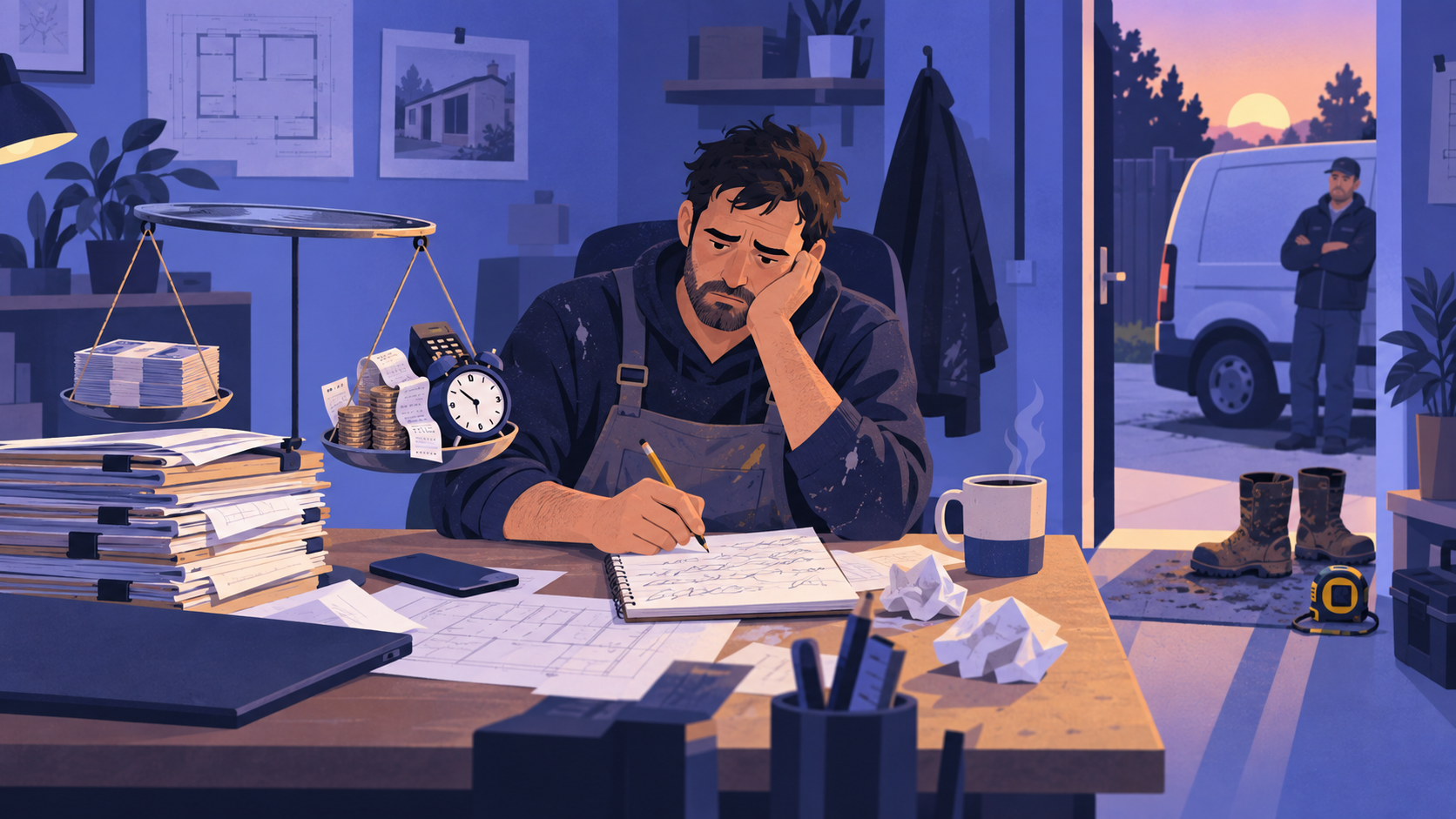 A small trade business owner at a cluttered desk, watching a makeshift scale where fees and time outweigh a job's cash.