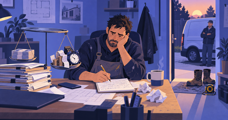 A small trade business owner at a cluttered desk, watching a makeshift scale where fees and time outweigh a job's cash.