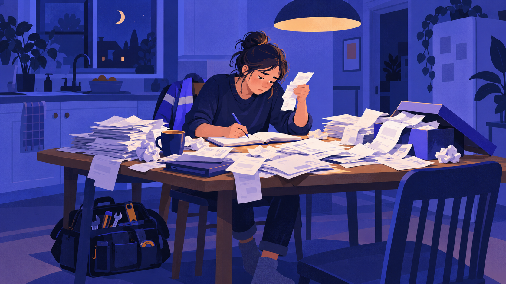 A small business owner at a kitchen table late at night, copying numbers from a pile of crumpled receipts into a notebook.