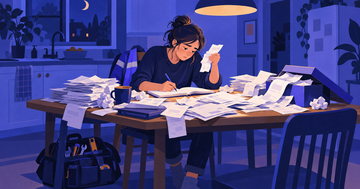 A small business owner at a kitchen table late at night, copying numbers from a pile of crumpled receipts into a notebook.