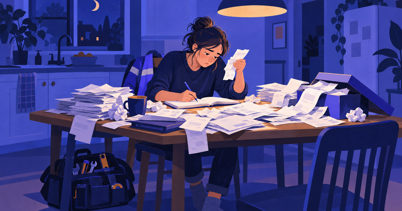 A small business owner at a kitchen table late at night, copying numbers from a pile of crumpled receipts into a notebook.
