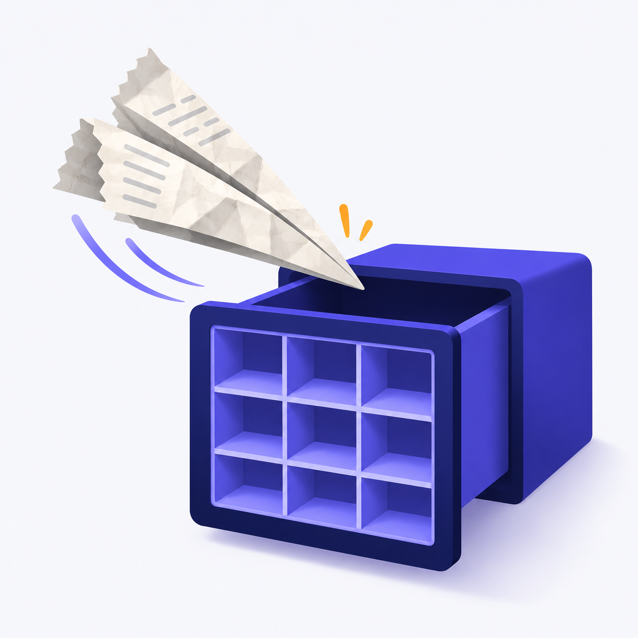 A receipt folded as a paper plane flying into a filing drawer with a grid of empty cells on its front.
