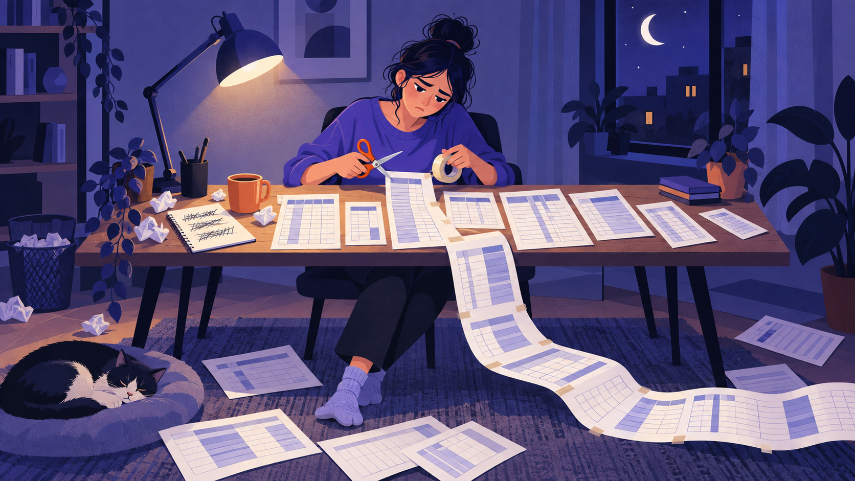 A bookkeeper at a desk cutting and taping together mismatched paper spreadsheets into one long sheet.