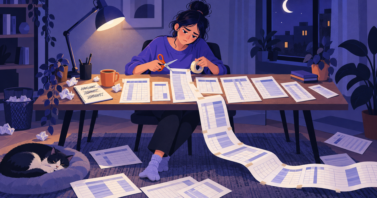 A bookkeeper at a desk cutting and taping together mismatched paper spreadsheets into one long sheet.