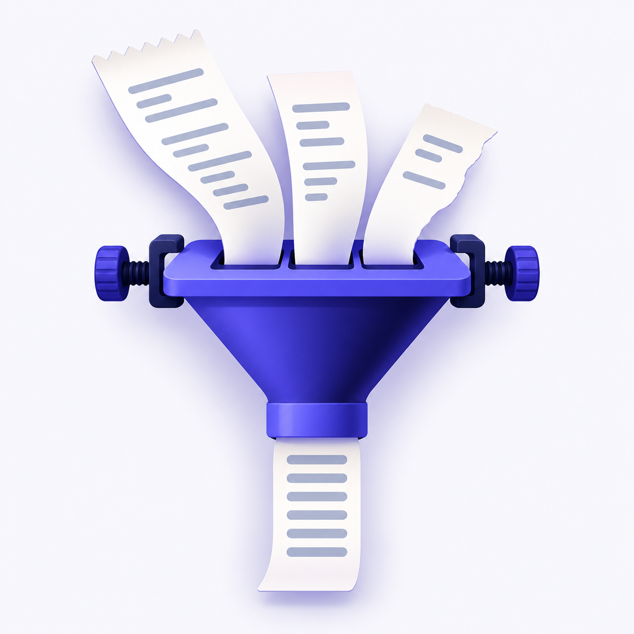 Three mismatched receipt strips pass through a stencil-fitted funnel and emerge as one aligned ledger strip.