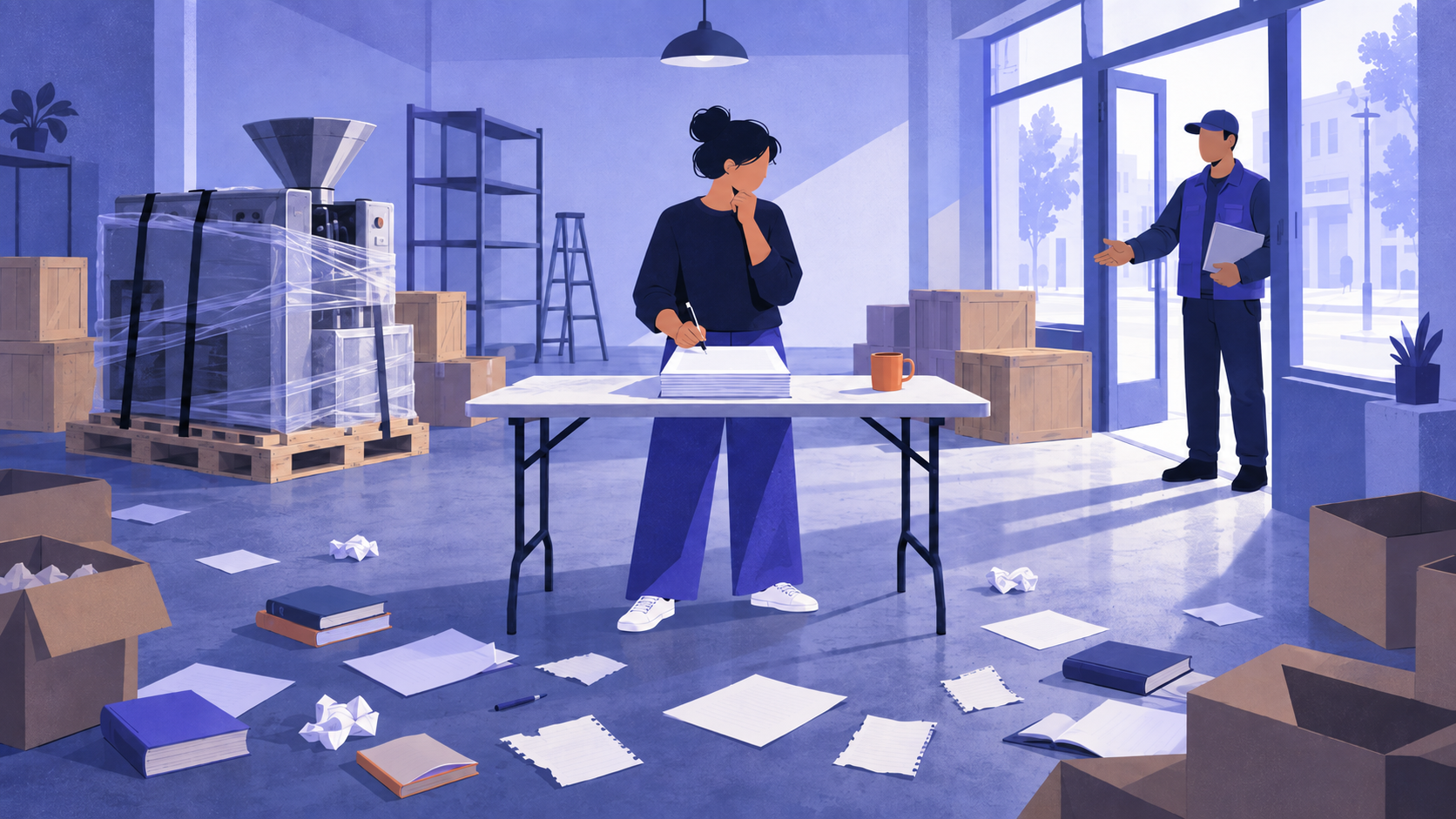 A hesitant new shop owner pauses over a contract in an empty unit full of unopened crates and scattered notes.