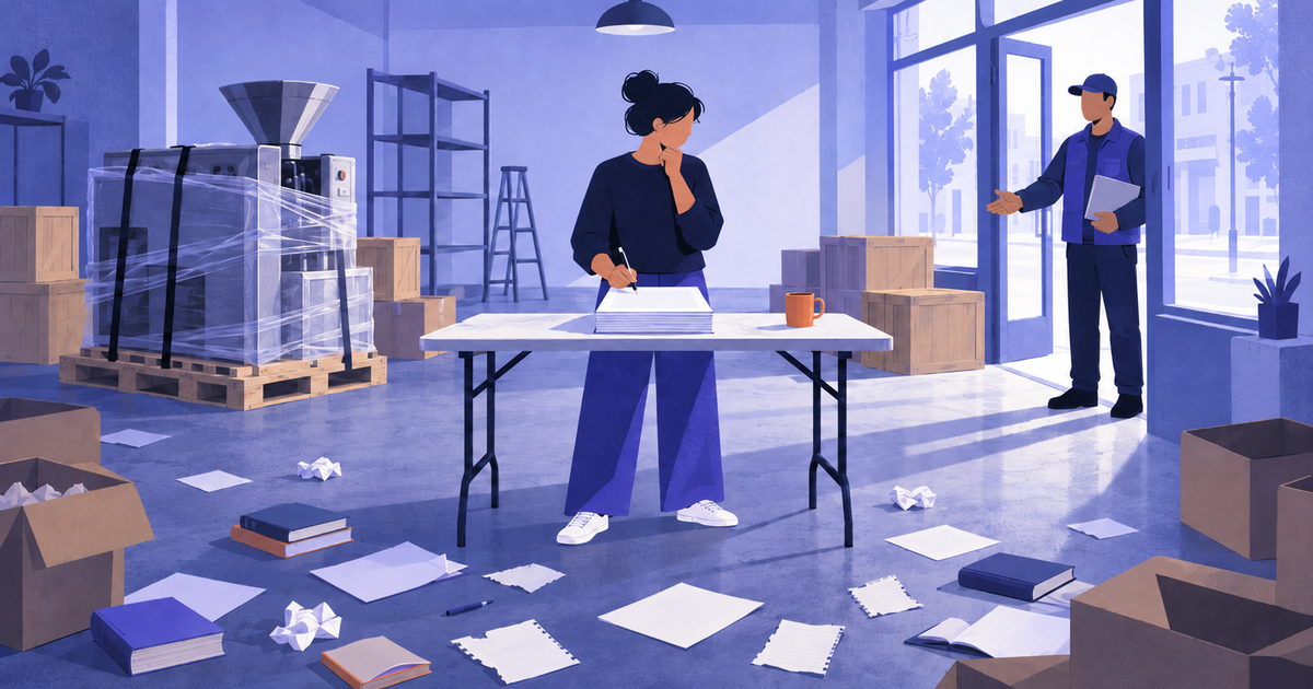 A hesitant new shop owner pauses over a contract in an empty unit full of unopened crates and scattered notes.