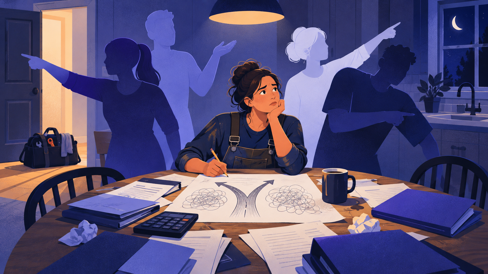 A tradeswoman at a kitchen table studies a hand-drawn fork in the road while faceless figures point in different directions.