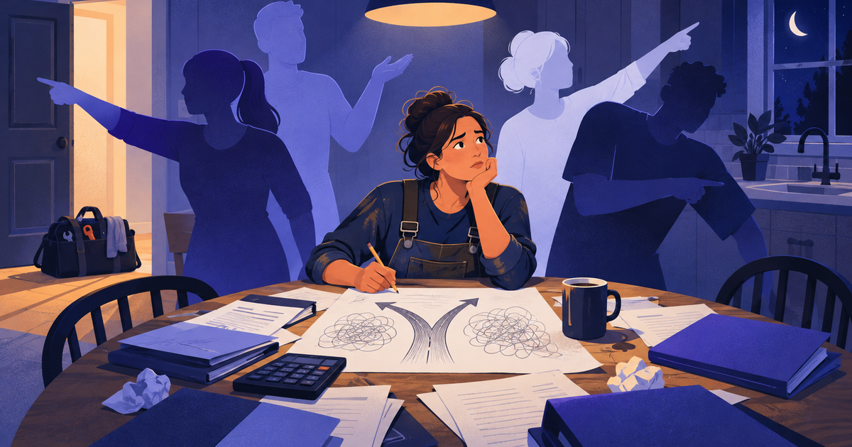 A tradeswoman at a kitchen table studies a hand-drawn fork in the road while faceless figures point in different directions.