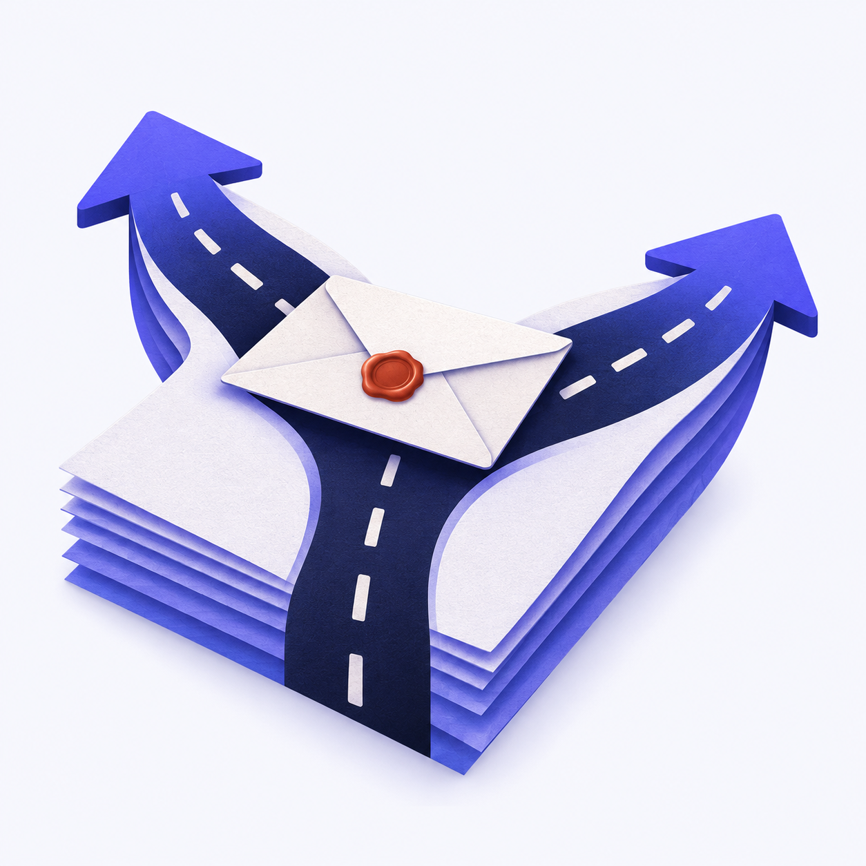 A folded letter with a wax seal lying across a forked path cut through a stack of papers.