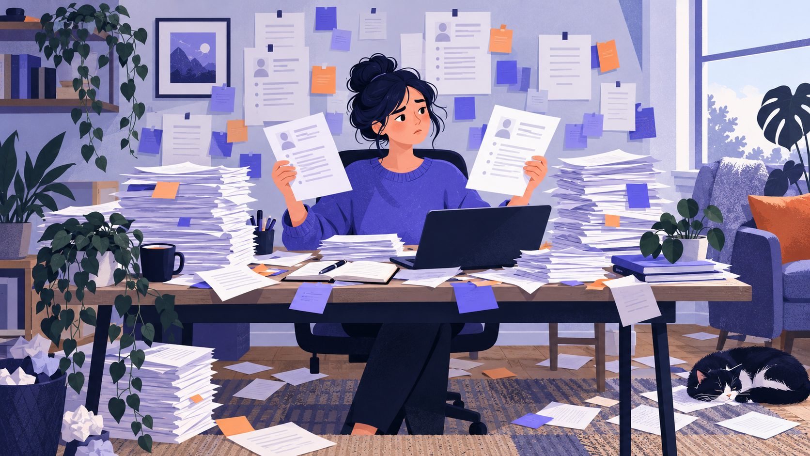 A recruiter at a cluttered desk holding two CVs, surrounded by stacks of paper and sticky notes.