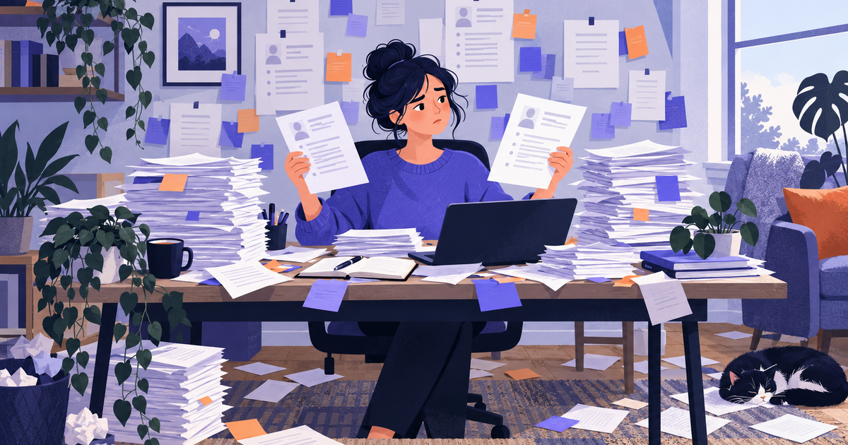 A recruiter at a cluttered desk holding two CVs, surrounded by stacks of paper and sticky notes.