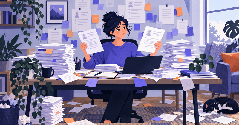 A recruiter at a cluttered desk holding two CVs, surrounded by stacks of paper and sticky notes.