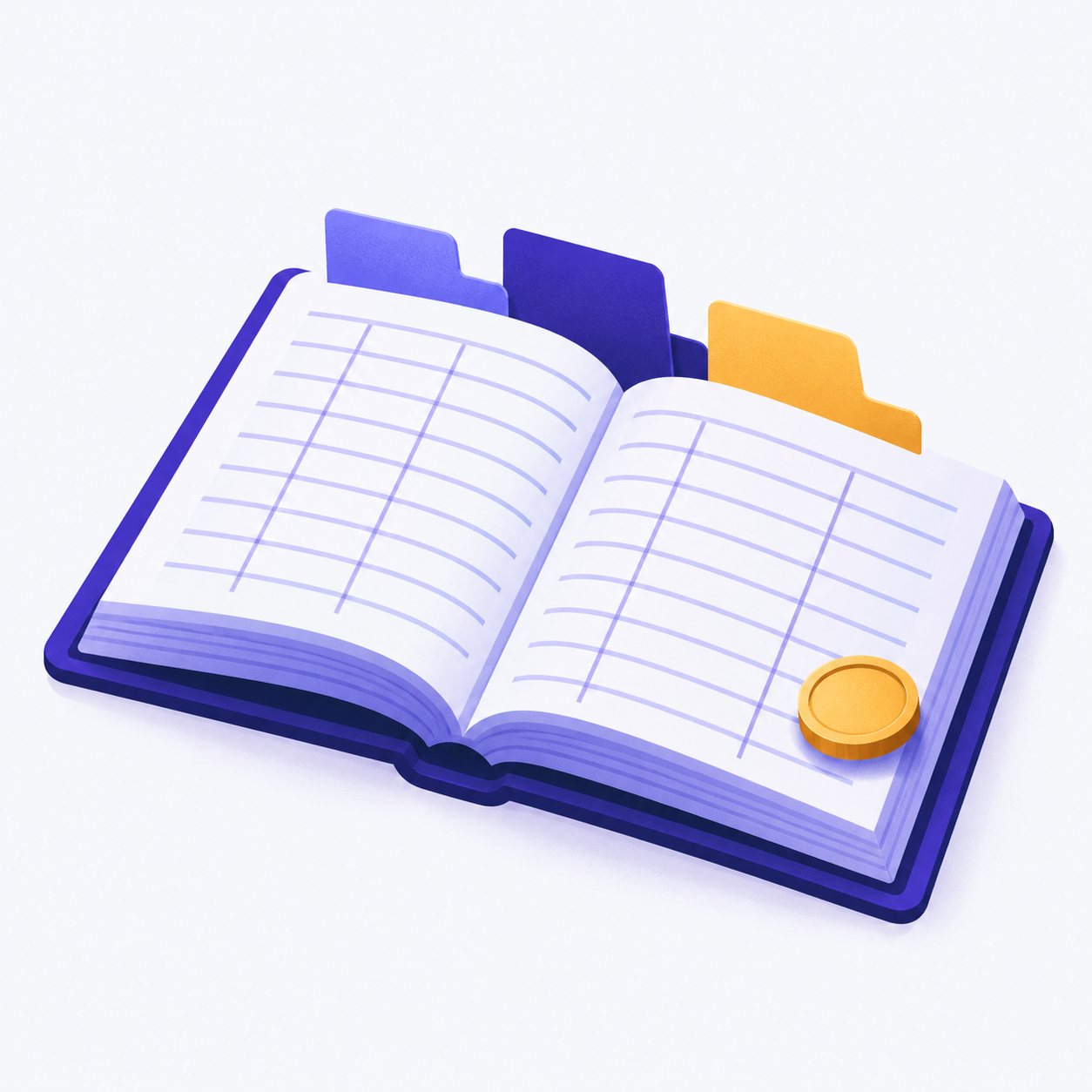 An open ledger book with three card tabs rising from its pages and a coin resting on one corner.