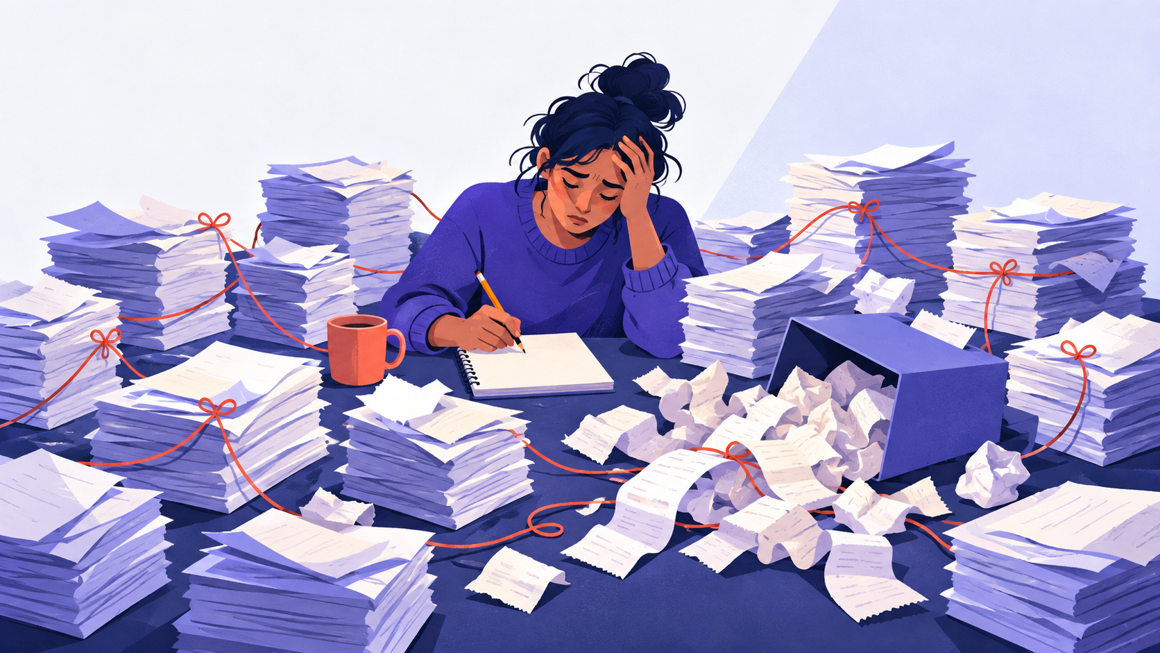 A bookkeeper buried in stacks of paper statements and receipts, comparing two printouts with a weary expression.