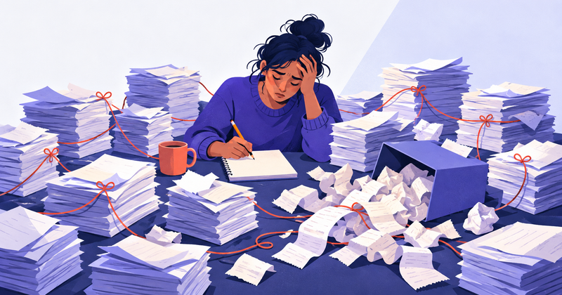 A bookkeeper buried in stacks of paper statements and receipts, comparing two printouts with a weary expression.