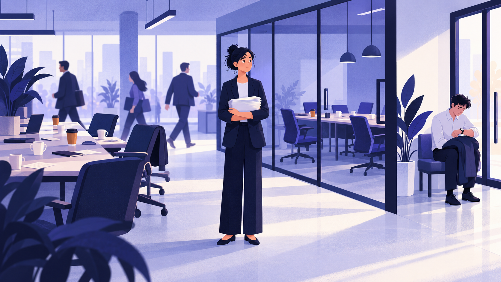 A recruiter holds blank scorecards by empty desks as managers hurry past and a candidate waits alone.