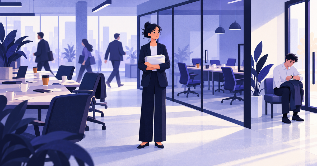 A recruiter holds blank scorecards by empty desks as managers hurry past and a candidate waits alone.
