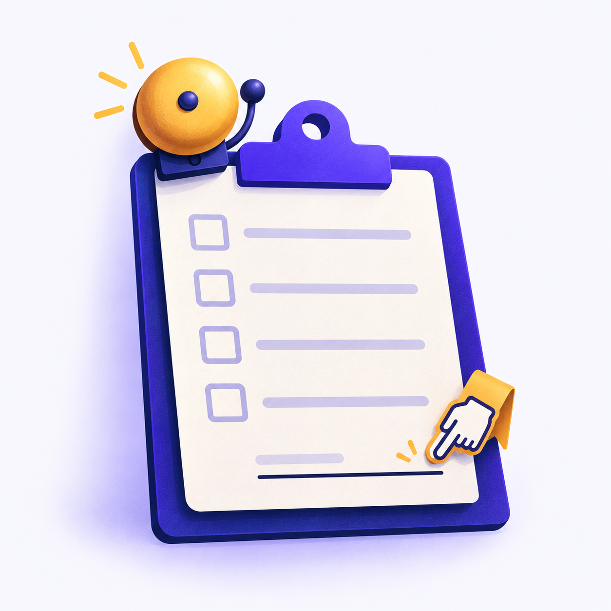 Icon of a blank scorecard on a clipboard with an alarm bell and a small pointing hand tapping it.