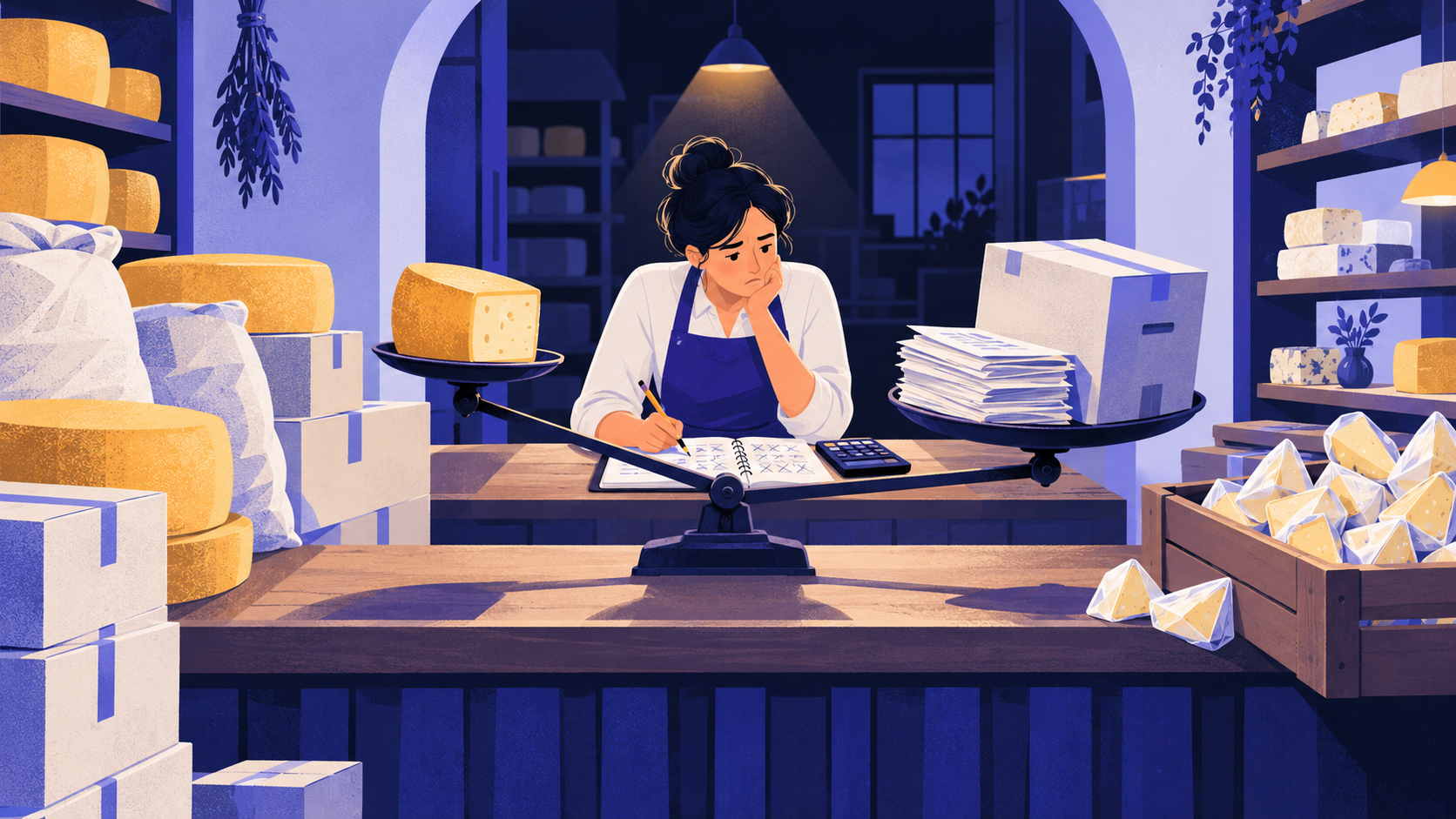 A specialty food shop owner after hours, hand-tallying bulk cases against small weighed cheese wedges with a calculator and notebook.