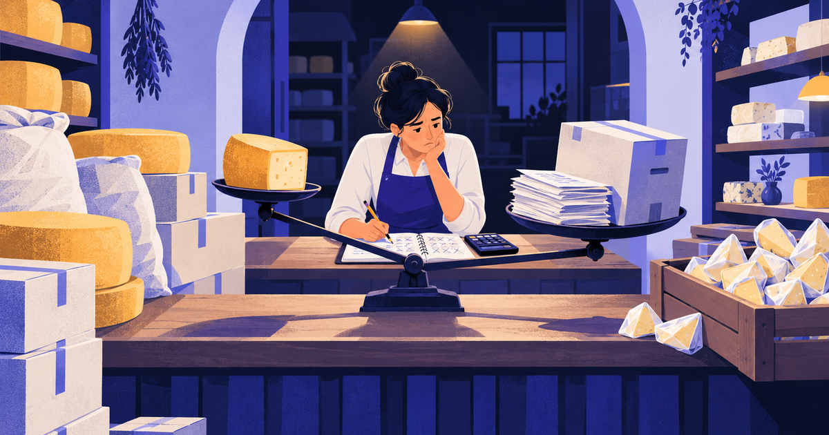 A specialty food shop owner after hours, hand-tallying bulk cases against small weighed cheese wedges with a calculator and notebook.