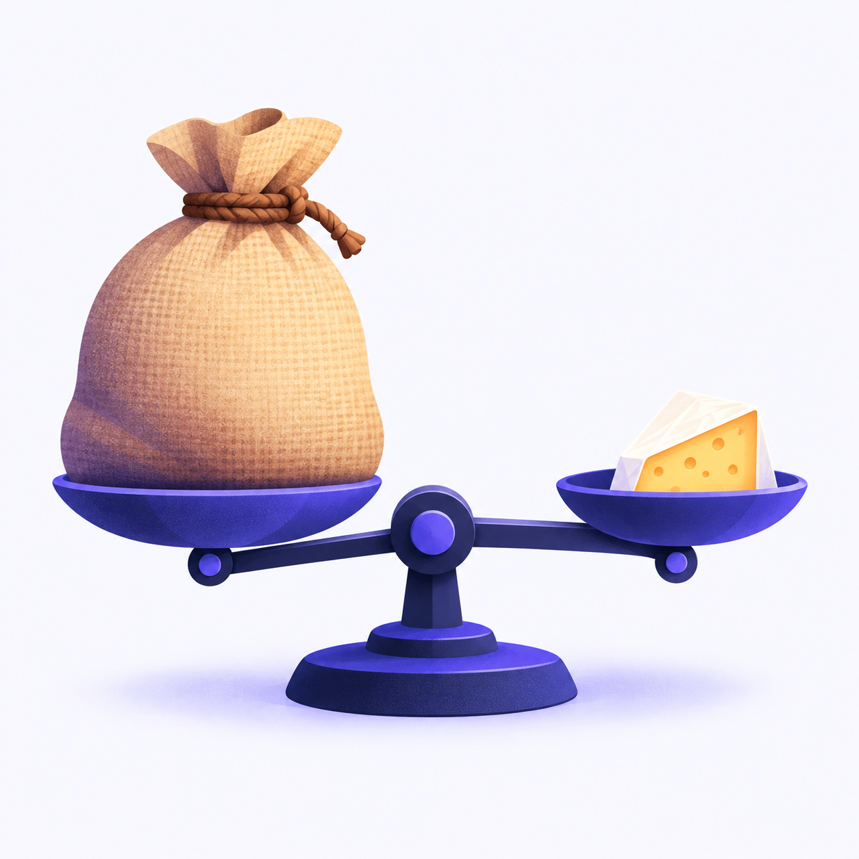 A balance scale weighing a large bulk sack against a small cheese wedge, joined by a bridge-like beam.