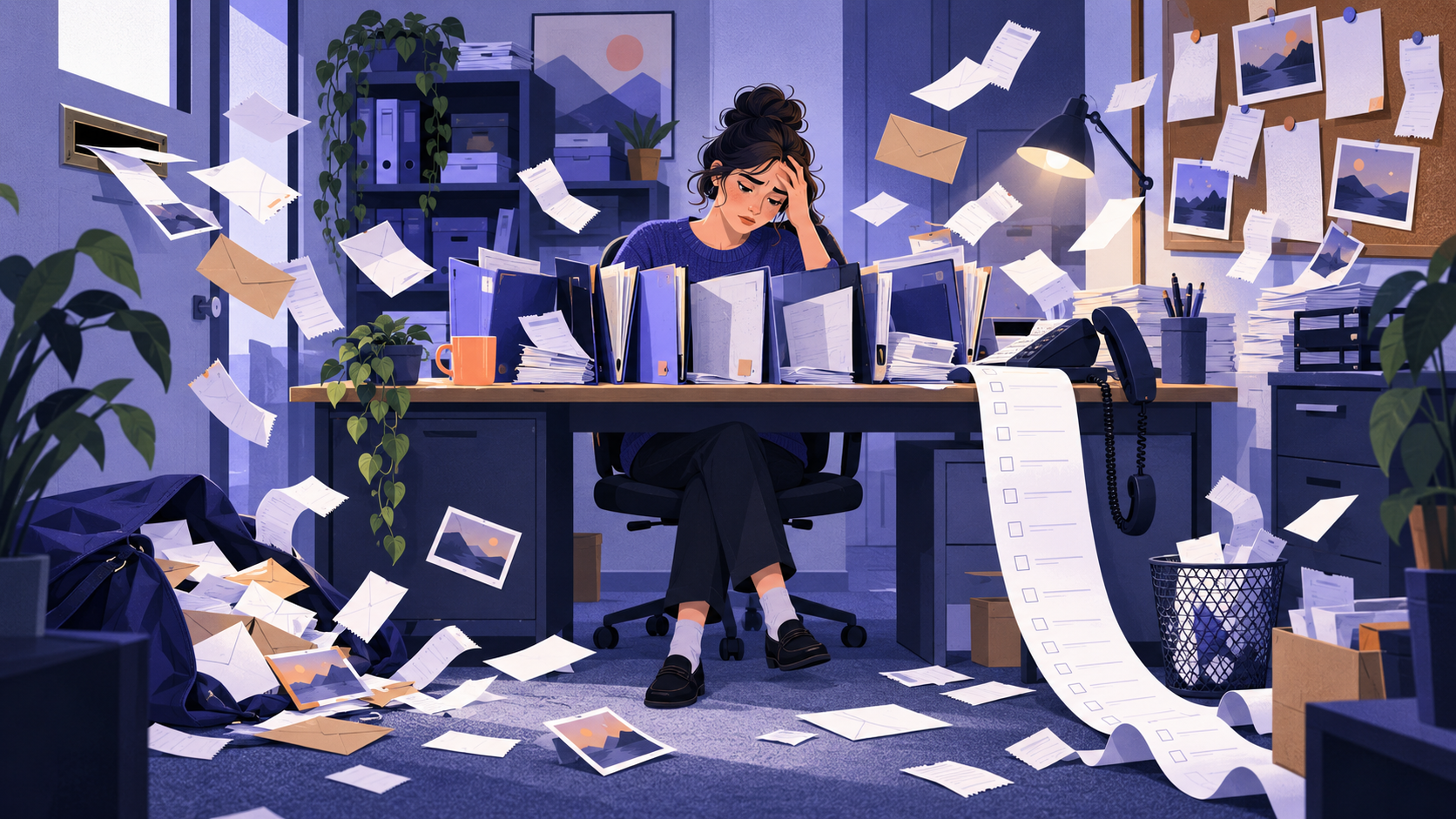 A bookkeeper holds her head beside half-empty client folders as receipts arrive from all sides and a long checklist stays unticked.