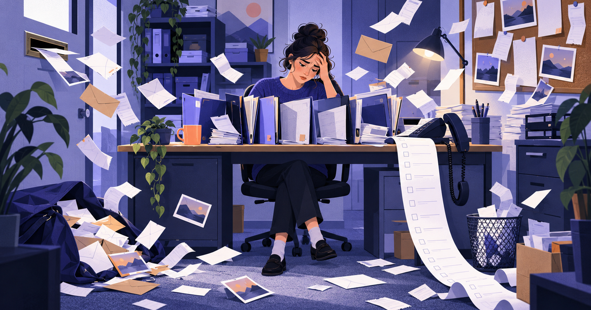 A bookkeeper holds her head beside half-empty client folders as receipts arrive from all sides and a long checklist stays unticked.