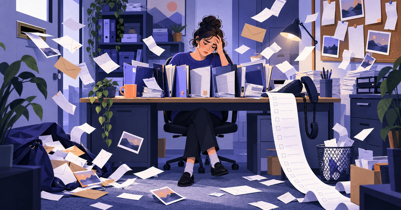 A bookkeeper holds her head beside half-empty client folders as receipts arrive from all sides and a long checklist stays unticked.