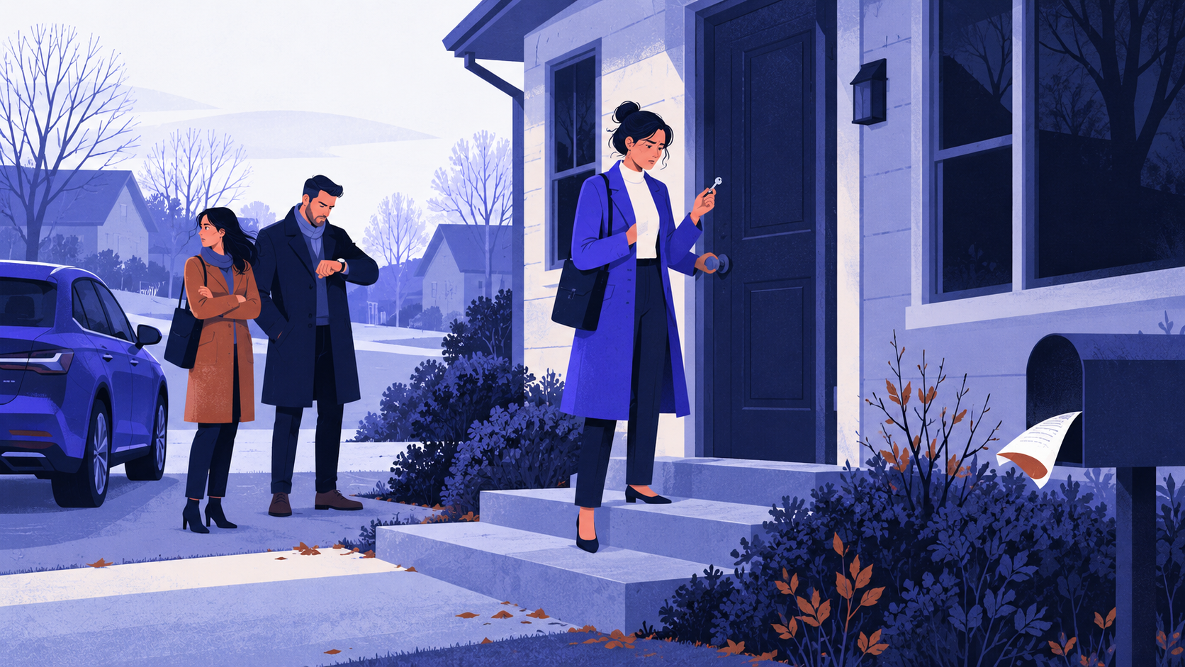 An agent and two clients stand at a locked front door of an empty house, waiting for someone who never arrived.