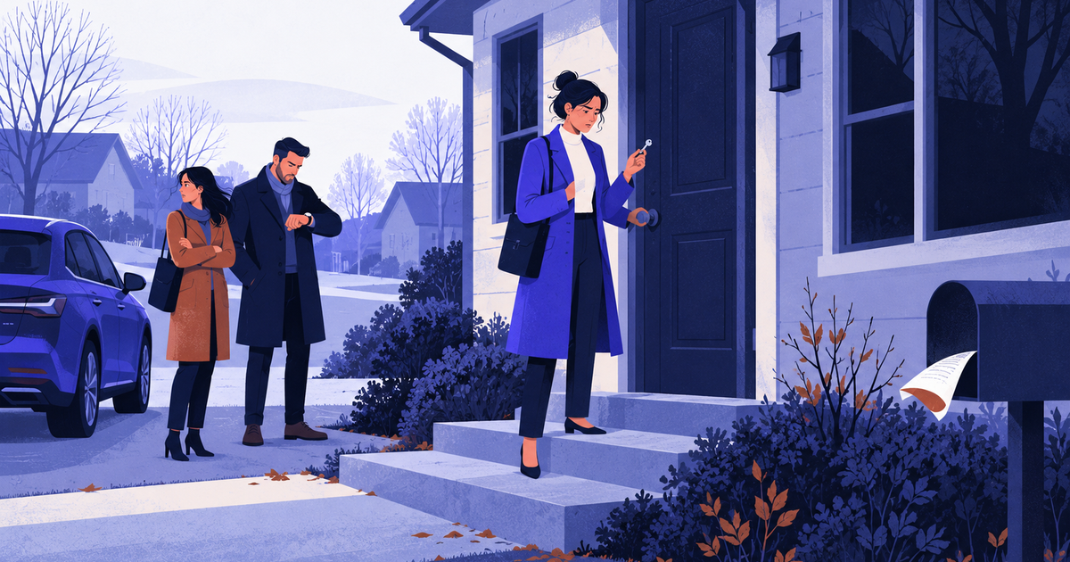 An agent and two clients stand at a locked front door of an empty house, waiting for someone who never arrived.