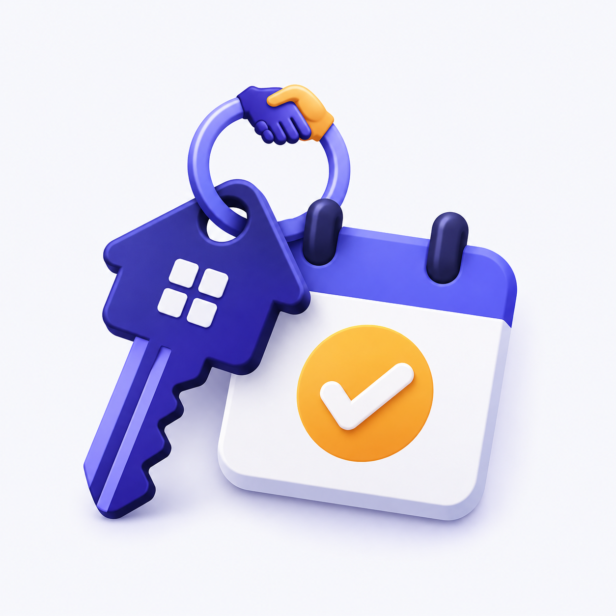A house key lying on a calendar day square marked with a checkmark stamp.