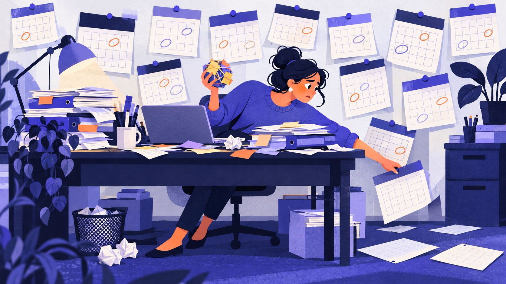A bookkeeper at a desk surrounded by many pinned-up client calendars, with two fallen unnoticed on the floor.