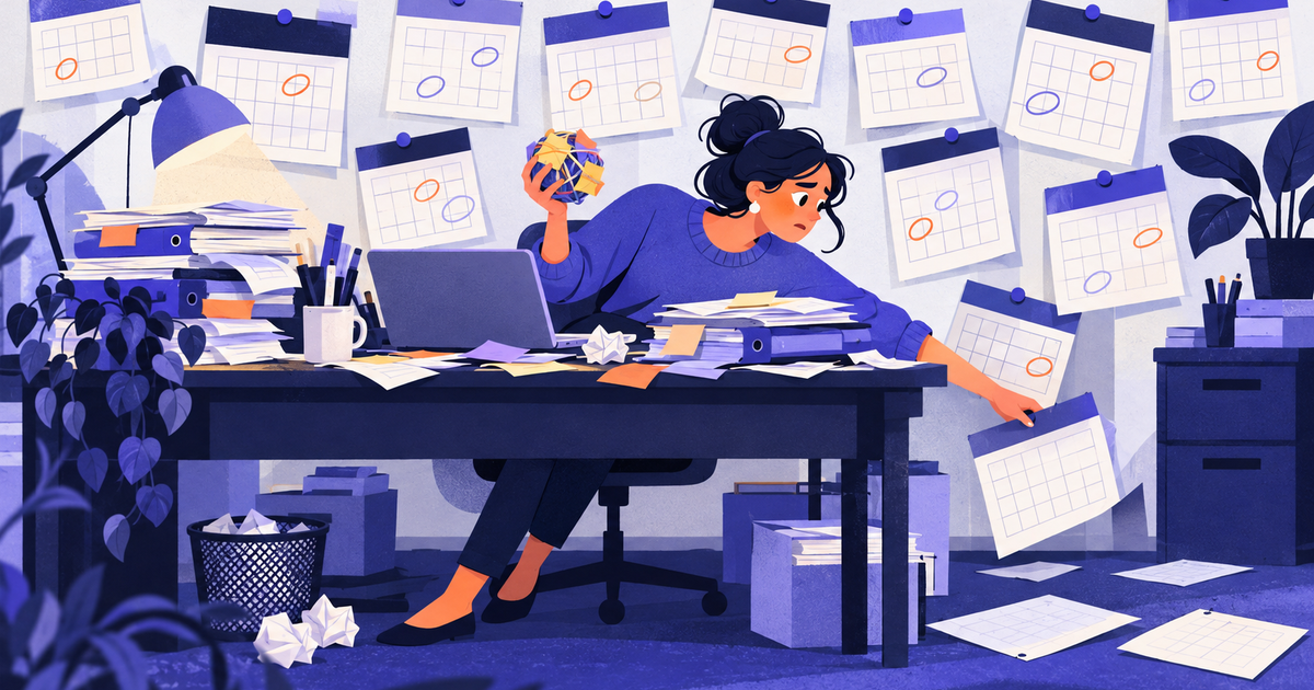 A bookkeeper at a desk surrounded by many pinned-up client calendars, with two fallen unnoticed on the floor.