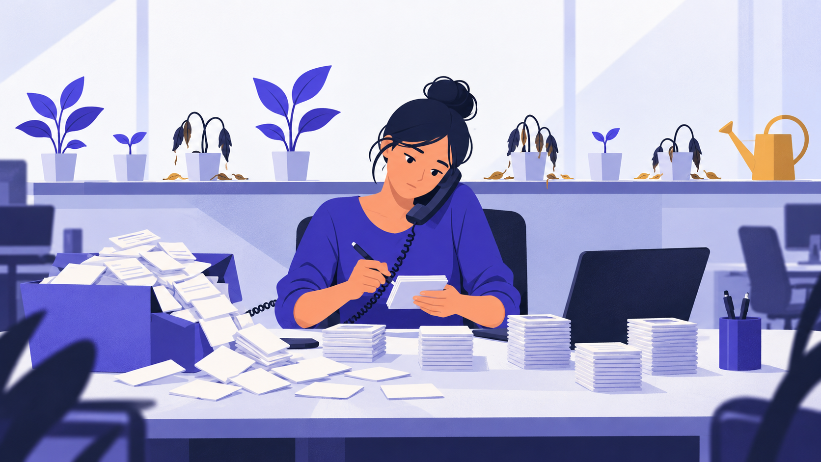 A sales rep on the phone sorts through a stack of inquiry cards while wilting seedlings go unnoticed on a shelf behind them.