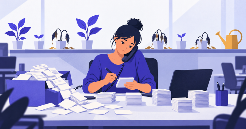 A sales rep on the phone sorts through a stack of inquiry cards while wilting seedlings go unnoticed on a shelf behind them.