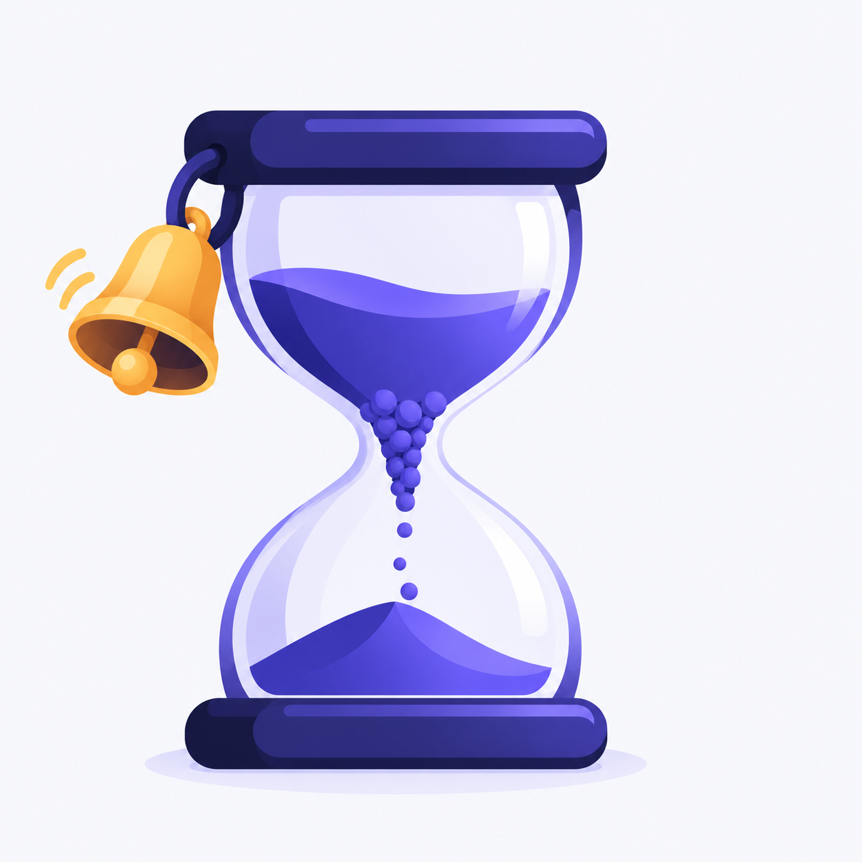 An hourglass with its sand stuck partway through, with a small ringing bell attached to its frame.
